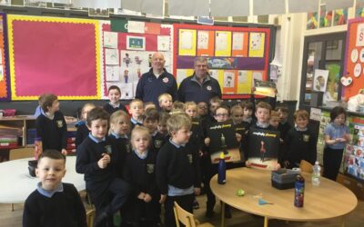 Tipperary Town Firefighters came to school to give a talk about fire awareness. We were asked to go home and check our smoke alarms are working. Told to stop, drop and roll and not remove clothing if your clothes caught on fire and run cold water over the area. We enjoyed listening to the talk with Junior and Senior Infants.